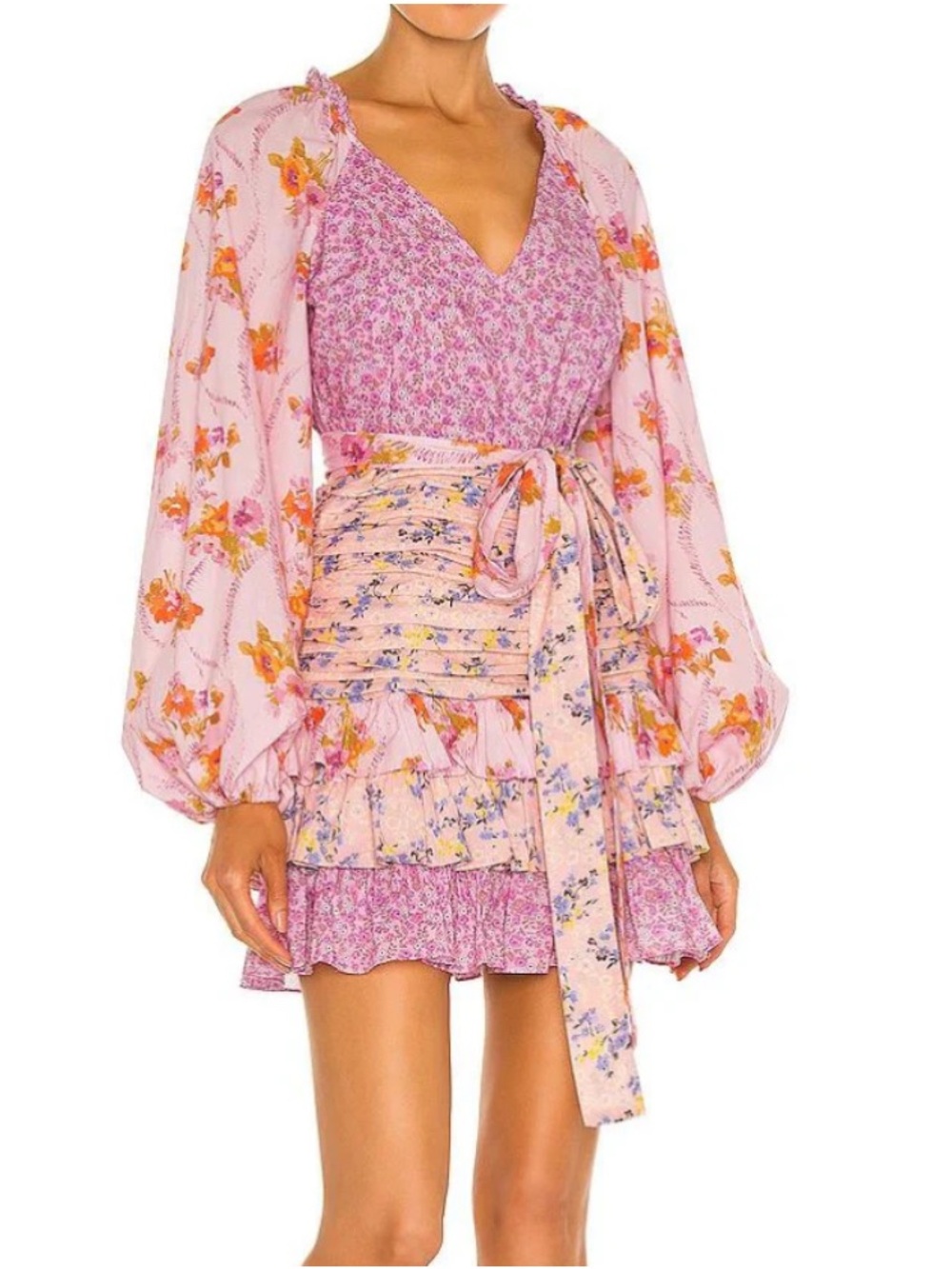 For Love Bell Patchwork Floral Pink Tiered Mini Dress Waist Sash Bridgeton L